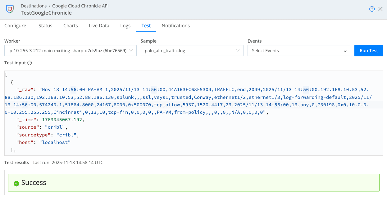 Screenshot - SecOps Cribl Test Tab