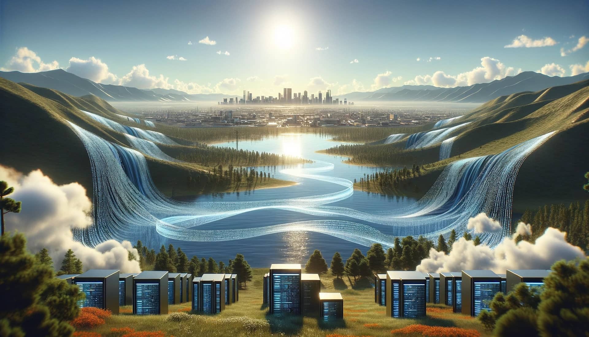 DALL·E 2024-01-25 14.06.31 – A futuristic and conceptual widescreen image of a ‘Data Lake’. Visualize a large, serene lake surrounded by a landscape of rolling hills and a modern -2